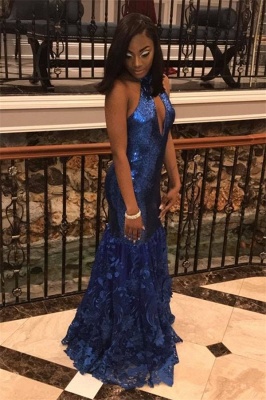 Royal Blue Halter Mermaid Sequins Prom Dresses Lace Sleeveless Evening Gowns with Keyhole_1