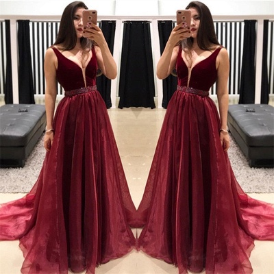 Sleeveless Burgundy Sexy Evening Dress | V-neck   Formal Dresses_3