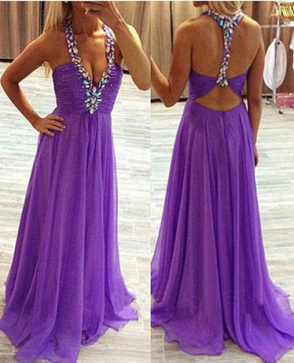 Sexy Open Back Chiffon Purple Prom Dresses  Deep V-neck Evening Gown_1