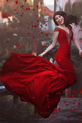 Gorgeous  Red Evening Dresses V-neck Backless Mermaid Prom Gowns MH071_1