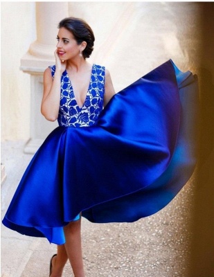 New Arrival V-Neck Royal Blue Short Homecoming Dress Sleeveless Lace Cocktail Gowns_4