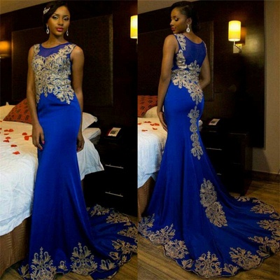 Royal Blue Sleeveless Prom Dresses  | Mermaid Champagne Gold Lace Appliques Evening Gown_3
