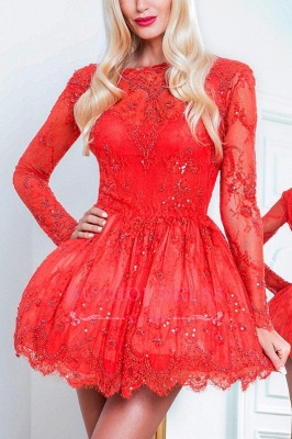 Short  Long-Sleeve Lace Red Homecoming Dresses_1