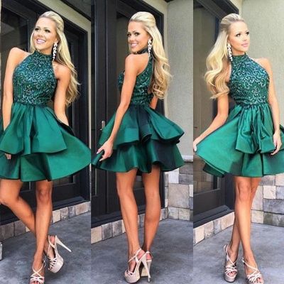 A-Line High Collar Green Cocktail Dresses Sleeveless Tiered Mini Homecoming Gowns_3