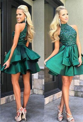 A-Line High Collar Green Cocktail Dresses Sleeveless Tiered Mini Homecoming Gowns_1
