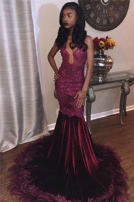 Burgundy Velvet Lace Prom Dresses | Feather Sexy Evening Gown  FB0266_1