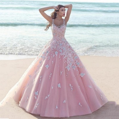 Gorgeous Flowers Appliques Pink Evening Dresses  Sleeveless Popular Prom Dress_3