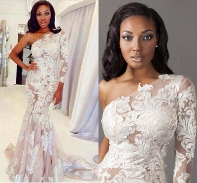 One Shoulder Long Sleeve White Lace Evening Dress Sexy Mermaid Sweep Train Prom Gowns TB0157_2