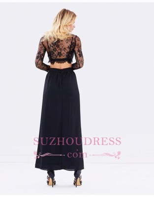 Simple Lace Black Long Sleeves Evening Gowns Two Piece Sexy Prom Dresses_1