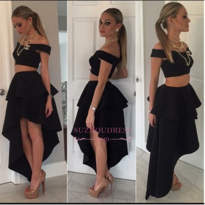 Black Off-the-shoulder Tiered  Irregular Two-Piece Homecoming Dresses BA3779_1