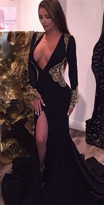 Deep V-neck Sexy Black Evening Dresses Gold Lace  Party Dresses with Slit CE086_1