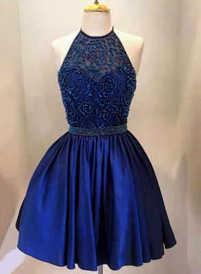 New Arrival Royal Blue Halter Short Homecoming Dress with Beadings A-Line Sleeveless Mini Cocktail Dress TB0205_1