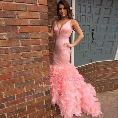 Tiered Sexy Long Mermaid Pink Sleeveless Evening Dresses_3