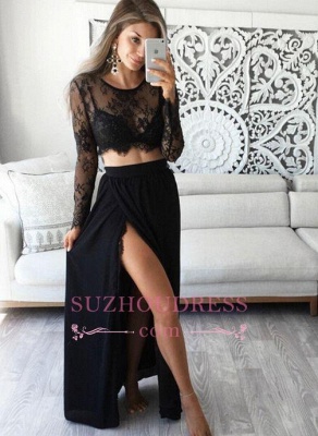 Simple Lace Black Long Sleeves Evening Gowns Two Piece Sexy Prom Dresses_4