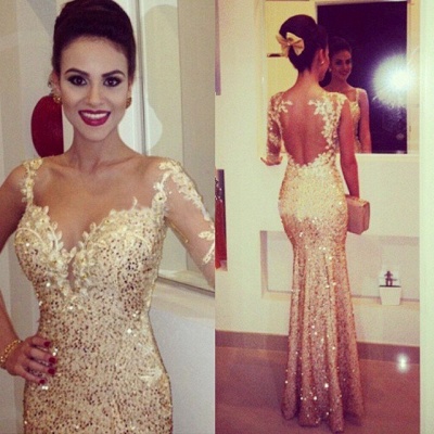 Gold Sequined Open Back Mermaid Prom Dresses with One Shoulder Appliques  Long Evening Dresses_1