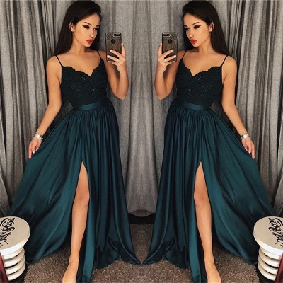 Spaghetti Straps Dark Green Sexy Evening Dresses | Side Slit Sleeveless  Formal Dress_3