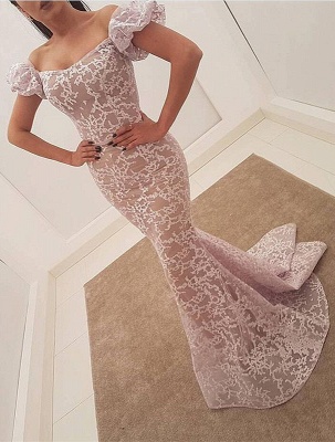 Elegant Mermaid Lace Evening Dresses  | Off the Shoulder Sweep Train Ball Dress_1