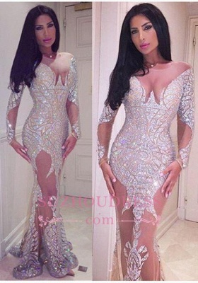 Sheer Tulle Crystals Sexy Evening Gowns Glamorous Mermaid Long Sleeve  Prom Dress BA3877_3