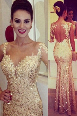 Gold Sequined Open Back Mermaid Prom Dresses with One Shoulder Appliques  Long Evening Dresses_3