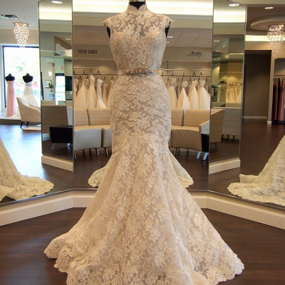 High Neck Mermaid Lace Retro Wedding Dress  Crystals Belt Sash Elegant Bride Dress_3