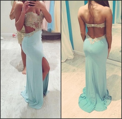 Blue Backless Prom Dresses  Sweetheart Beading Evening Gown with Cutaway Sides CE039_3