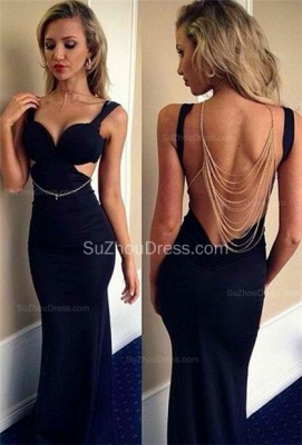 Black  Prom Dresses Straps Sleeveless Sexy Backless Evening Gowns with Chains_2