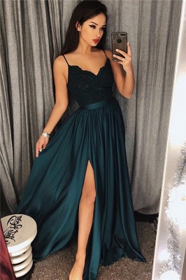 Spaghetti Straps Dark Green Sexy Evening Dresses | Side Slit Sleeveless  Formal Dress_1