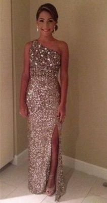 Sexy Crystal Sequined One Shoulder Evening Dress with Beadings Popular Side Slit Long Prom Dress_1
