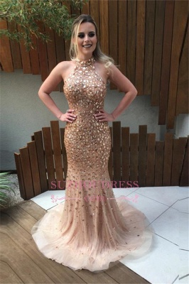 Elegant Open Back Crystal Halter Evening Gowns Sweep Train  Mermaid Prom Dress BA6613_2