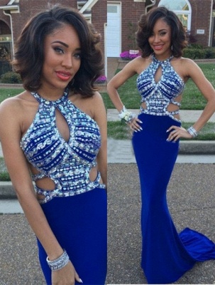 Sexy Sheath Prom Dresses  | Royal Blue Crystal Sleeeveless Evening Gowns_1
