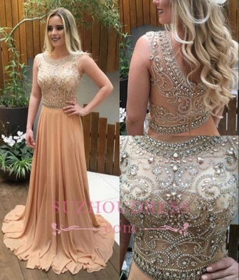 A-line Crystals Beaded Long Evening Gwons  Champagne Chiffon Luxury Prom Dresses_1