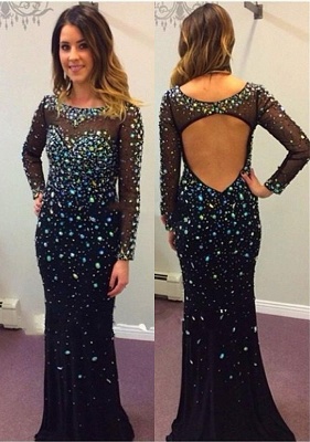 Long Sleeve Black Prom Dress  Open Back Crystals Sequins Sheath Evening Dresses_1