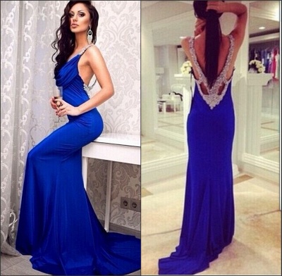 Royal Blue Open Back  Sexy Long Evening Dresses With Crystals Sweep Train Prom Dresses_2