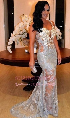 Lace Sheer-Tulle Appliques Sheath Straps Sleeveless Sexy Evening Dress_3