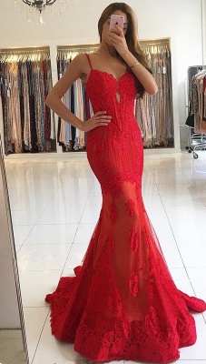 Spaghetti Straps Mermaid Red Prom Dresses  Lace Appliques Sexy Evening Gowns BA6685_1