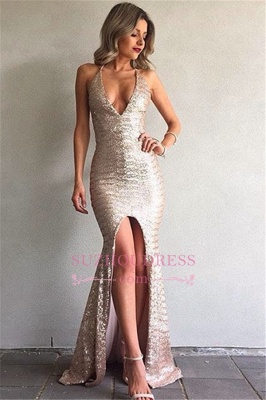 Mermaid Backless Sexy Formal Ball Dresses  V-Neck Front Split Sequined Evening Gown_2