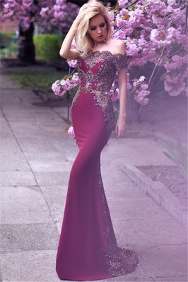Off The Shoulder Formal Evening Dress  Beads Appliques Mermaid Prom Dress with Gold Belt FB0175_1