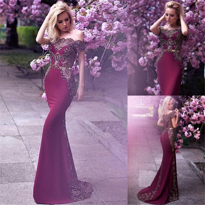 Off The Shoulder Formal Evening Dress  Beads Appliques Mermaid Prom Dress with Gold Belt FB0175_5