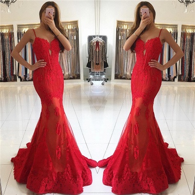 Spaghetti Straps Mermaid Red Prom Dresses  Lace Appliques Sexy Evening Gowns BA6685_3