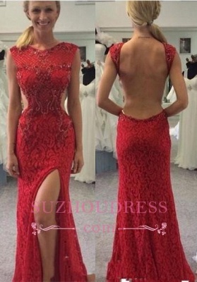 Split Red Long Mermaid Prom Dress  Sexy Backless Lace Prom Dresses_2