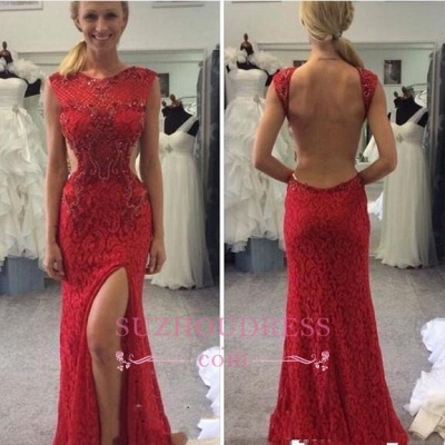 Split Red Long Mermaid Prom Dress  Sexy Backless Lace Prom Dresses_1