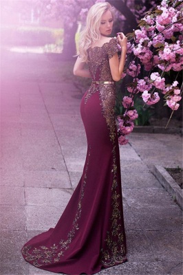 Off The Shoulder Formal Evening Dress  Beads Appliques Mermaid Prom Dress with Gold Belt FB0175_3