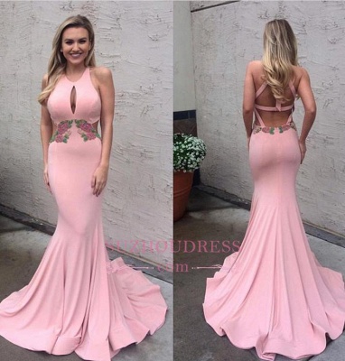 Mermaid Pink Flowers Long Modest Keyhole Sleeveless Prom Dress_1