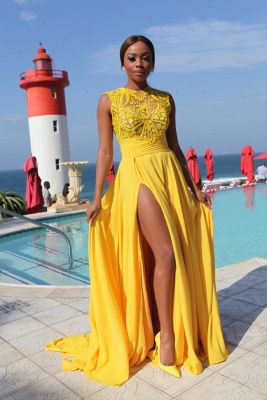 Sexy Side Slit Long High Neckprom Gowns  Sleeveless Chiffon Yellow Evening Dresses_3