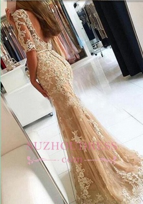 Lace Champagne Mermaid Evening Gowns  Half Sleeves Open Back Prom Dresses_1