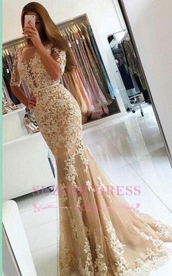 Lace Champagne Mermaid Evening Gowns  Half Sleeves Open Back Prom Dresses_3
