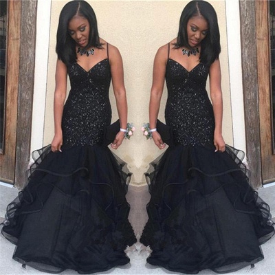 Sparkling Sequins Sexy Straps Black Prom Dress | Ruffled Tiered Puffy Tulle Graduation Dresses  FB0343_3