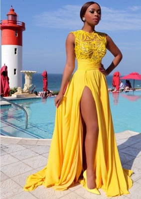 Sexy Side Slit Long High Neckprom Gowns  Sleeveless Chiffon Yellow Evening Dresses_2