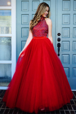 Glamorous Red A-line High Neck Evening Dresses  Crystal Sleeveless Tulle Prom Dresses_1