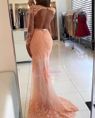 Long Sleeve Coral Lace Formal Dress  Appliques Newest High Neck Mermaid Prom Dress BA6227_4